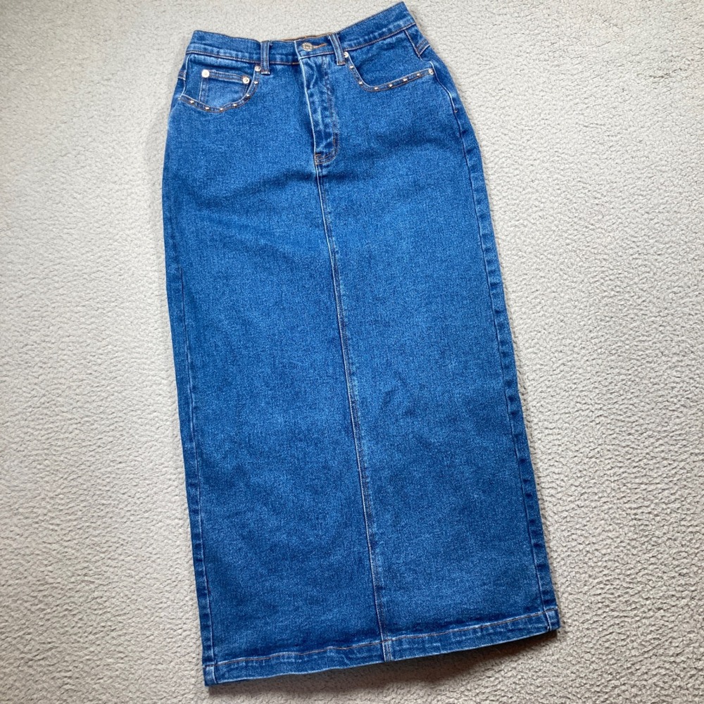 Denim & Co Straight Maxi Skirt Women 8 Blue Studded High Rise Back Button Vent